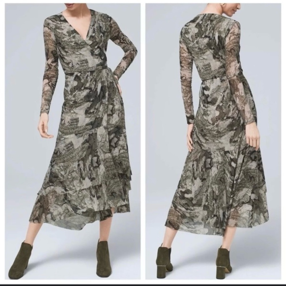 White House Black Market Y2K Long Sleeve Camouflage Dress mesh knit wrap sz 8